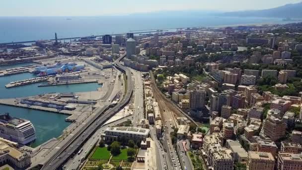 Edifici Strade Che Circondano Porto Genova Filmati Aerei Strade Edifici — Video Stock