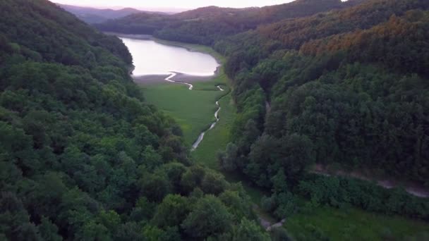 Un petit ruisseau qui se jette dans un lac artificiel entouré d'une nature verdoyante Vue aérienne d'un petit ruisseau qui se jette dans un lac artificiel entouré d'une nature verte 