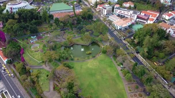 马德拉热带岛上的公园 圣卡塔琳娜公园的空中镜头 在葡萄牙马德拉丰沙尔最大的公园之一 — 图库视频影像