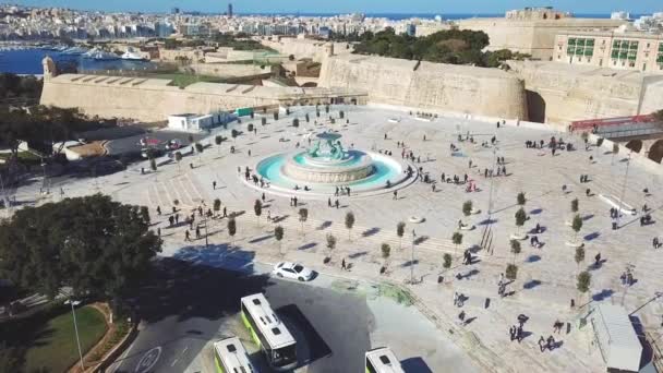 Столица Мальты Валлетта Фонтан Тритон Вид Воздуха Столицу Мальты Валлетта — стоковое видео
