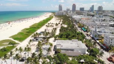 Miami - South Beach - Lummus Park, Ocean Drive ve plaj Long Aerial South Beach, Miami, Abd - Voleybol sahası ile Lummus Park, Ocean Drive ve plaj