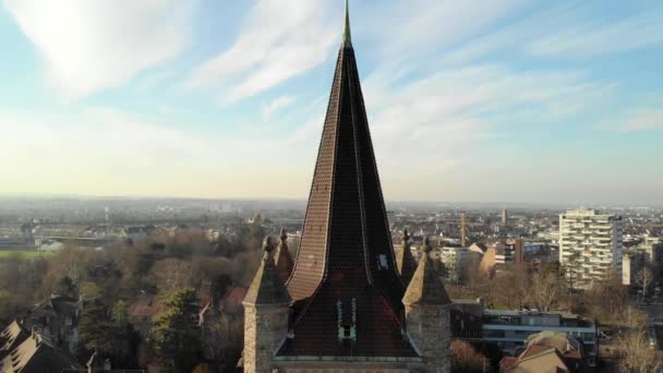 Neo Romansk Stil Pauls Kyrka Basel Schweiz Vintern Aerial Utsikt — Stockvideo