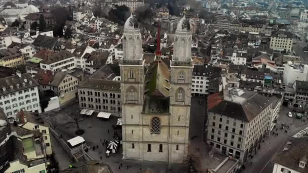 Century Romanesque Style Grossmnster Cathedral Zurich Switzerland Aerial View Century — Stock Video