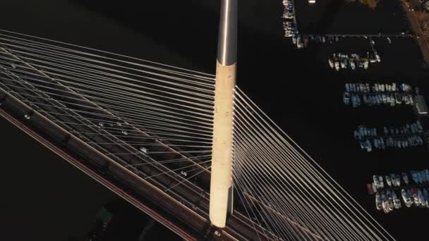 冬のセルビア ベオグラードの有名なAda橋の航空写真 — ストック動画