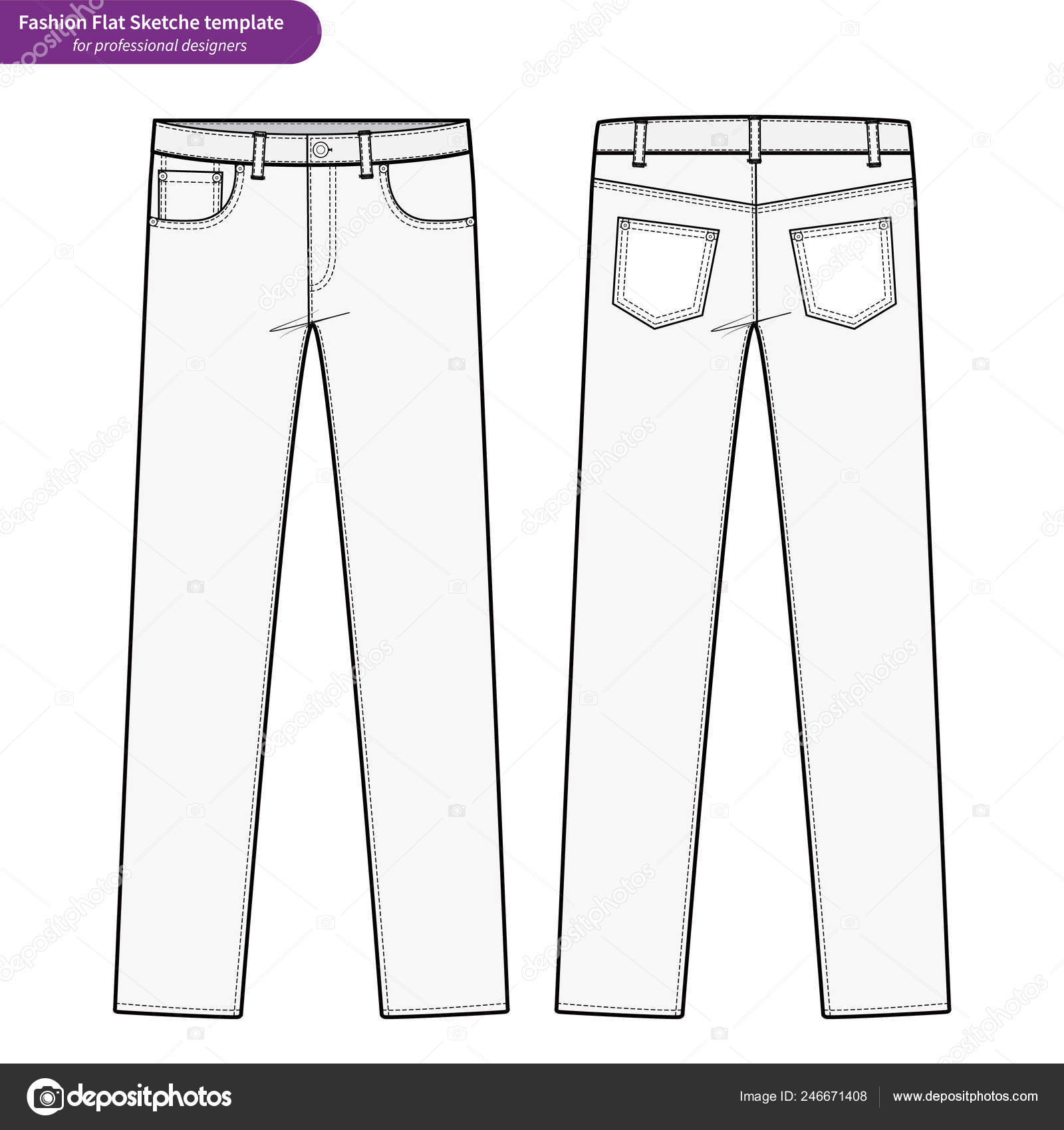 Pants Jeans Fashion Flat Technical Drawing Vector Template — Stock