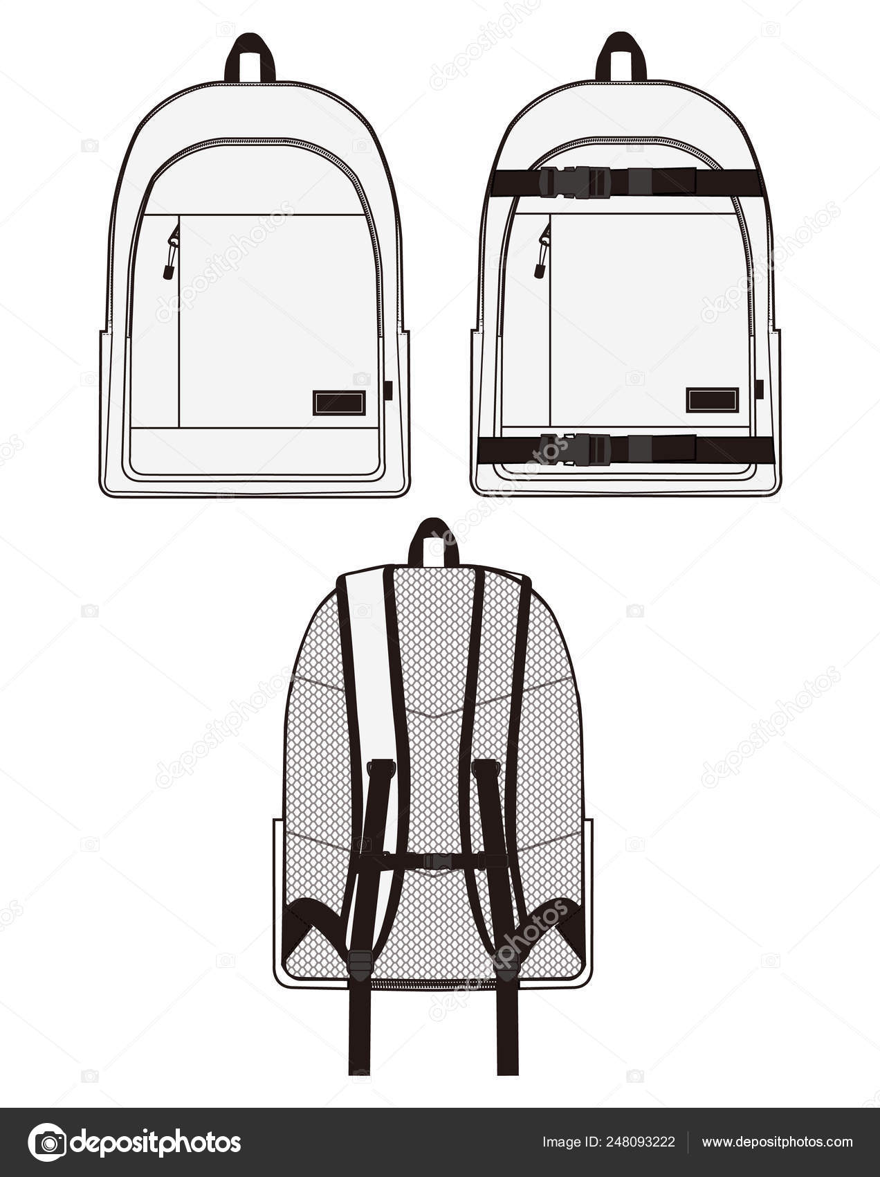 Backpack Fashion Flat Technical Drawing Vector Template Stock Vector by