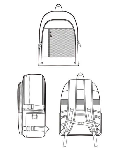 バックパック ファッション フラット技術的な図面ベクトル テンプレート — ストックベクタ