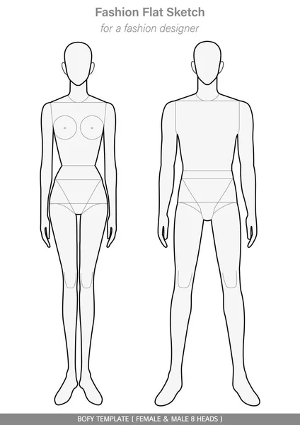 Körperschablone Mode Flache Skizzen Technische Zeichnungen Weiblich Männlich Köpfe — Stockvektor
