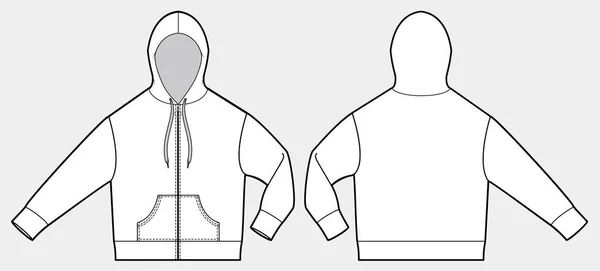 Reißverschluss Kapuzenpullover Mode Flache Technische Zeichnungsvorlage — Stockvektor