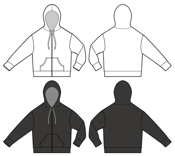 Zip Hoody Fashion Flat Technical Drawing Template — Stock Vector
