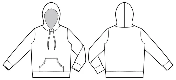 Hoody Mode Plat Technische Tekening Sjabloon — Stockvector