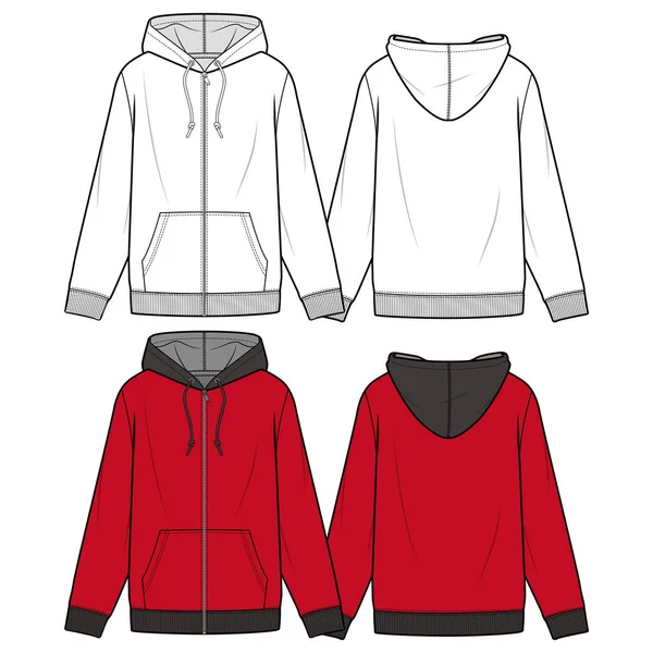 Zip Hoodie Fashion Flat Sketch Template — Stock Vector