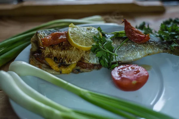 Fish Dishes Grill Vegetables — Stock Photo, Image