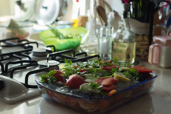 Vis Bereiden Met Groenten Oven — Stockfoto