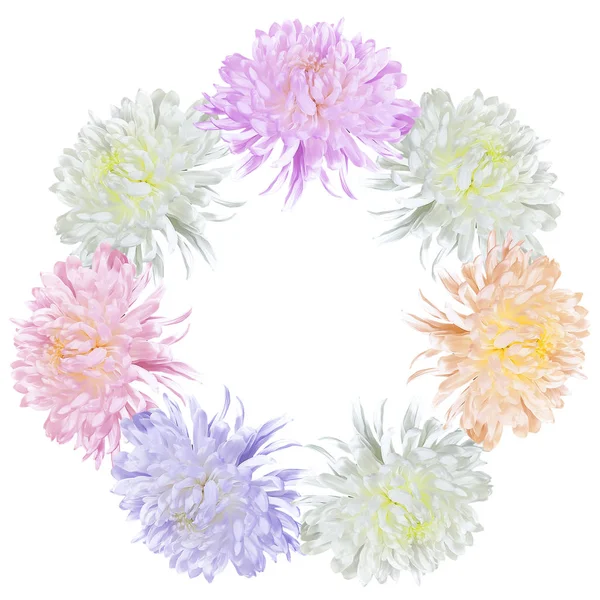お祭りのデザインのグリーティング カードや招待状のテキストの空白で分離された白地に優しいカラフルな菊の花のラウンド フレーム — ストック写真