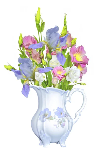 Bouquet Tenero Rosa Con Fiori Gialli Eustoma Lisianthus Iris Blu — Foto Stock