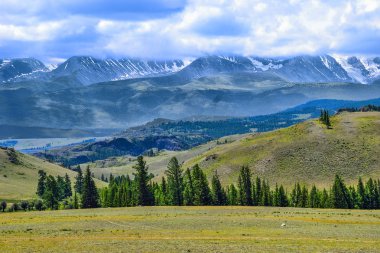 Kuzey Chuya ridge veya Severo-Chuiskii Aralık - zinciri Altay Cumhuriyeti, Rusya Federasyonu - dağ dağ manzarası Chuya bozkır, ön plan ile yaz