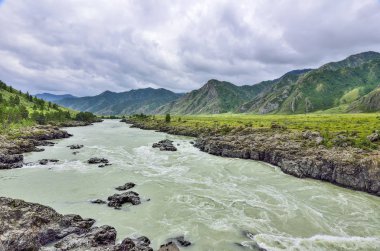 Yaz manzara Katun hızlı dağ Nehri'nin Teldykpen rapids köyü Oroktoy, Altay Dağları, Rusya yakın. Burası dağ nehir dar ve en derin yeri  