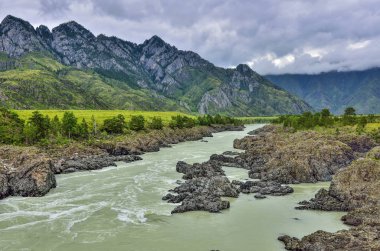 Yaz manzara Katun hızlı dağ Nehri'nin Teldykpen rapids köyü Oroktoy, Altay Dağları, Rusya yakın. Burası dağ nehir dar ve en derin yeri   