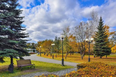 Sonbahar şehir parkı rahat köşesinde ağaçlar ve çalılar çok renkli yeşillik ile. Güzel sonbahar doğa manzara mavi gökyüzü ve beyaz bulutlar ile güneşli Ekim hava
