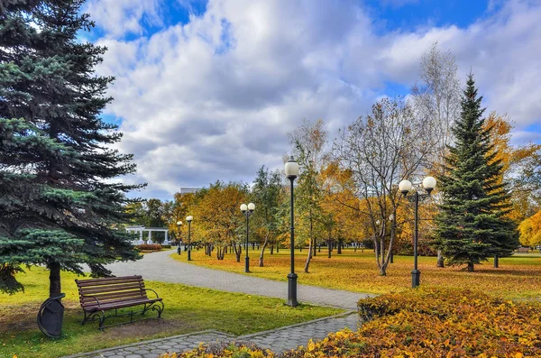 秋天城市公园的舒适角落 有多色的树木和灌木树叶 美丽的秋天自然景观在阳光明媚的10月天气与蓝天和白云 — 图库照片