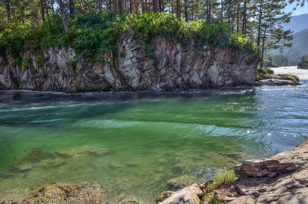 Paisaje Verano Orilla Rocosa Del Río Montaña Rápida Chemal Con — Foto de Stock