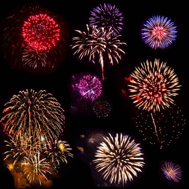 Sekiz ayrılmış havai fişek, siyah arka plan üzerine izole renkli kümesi. Parlak çiçek şenlikli havai fişek çeşitli renkler ve şekiller gece gökyüzüne ateş. Tatil kavramı