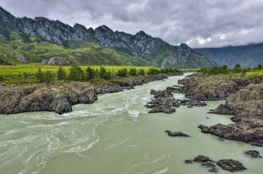 Yaz manzara Katun hızlı dağ Nehri'nin Teldykpen rapids köyü Oroktoy, Altay Dağları, Rusya yakın. Burası dağ nehir dar ve en derin yeri  