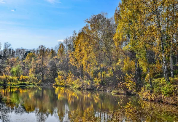 Gouden Bladerdek Van Herfst Bomen Rond Het Meer Weerspiegeld Water — Stockfoto
