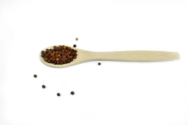 Red Peppercorns Wooden Spoon White Background Isolated Natural Spice Culinary — Stock Photo, Image