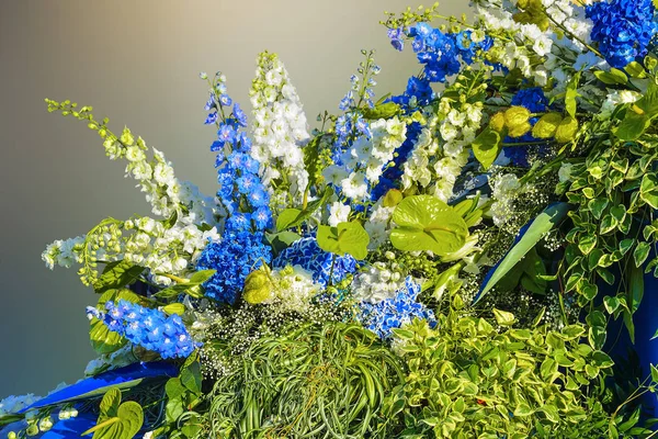 Vacker blommig komposition från vita och blå blommor — Stockfoto