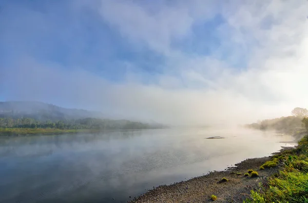 Frühmorgens Nebel Über Dem Fluss Wunderschöne Sommerlandschaft Dichter Nebel Über — Stockfoto