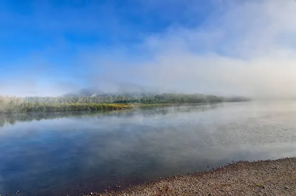 Temprano Mañana Brumosa Sobre Río Hermoso Paisaje Verano Niebla Espesa —  Fotos de Stock