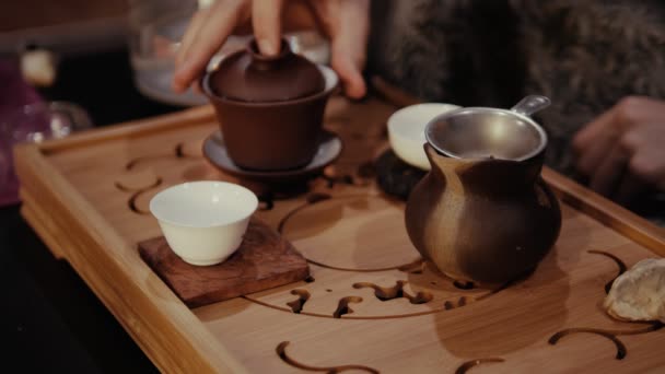 Man Brews Puer Tea Dishes Chinese Tea Ceremony — Stock Video