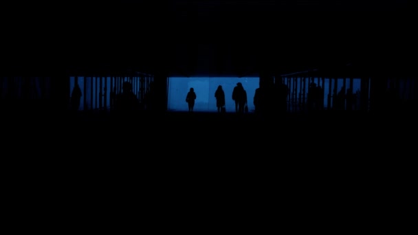 Group People Walking Black Blue Underground Passage Moving Slowly Pedestrian — Stock Video