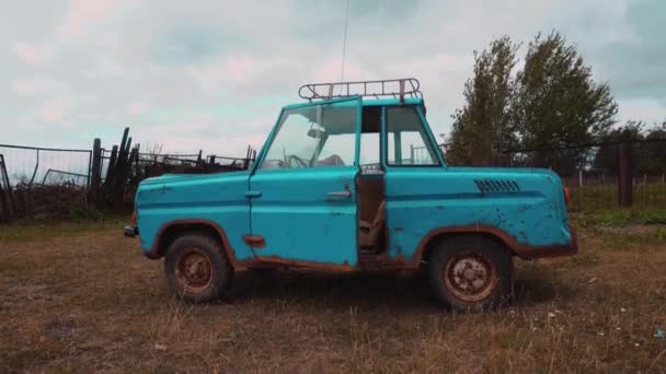 Dziwny Stary Retro Aqua Kolorowy Samochód Łące — Wideo stockowe