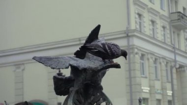 Güvercinler bir çeşme heykelinin metal güvercinler üzerine tünemiş.