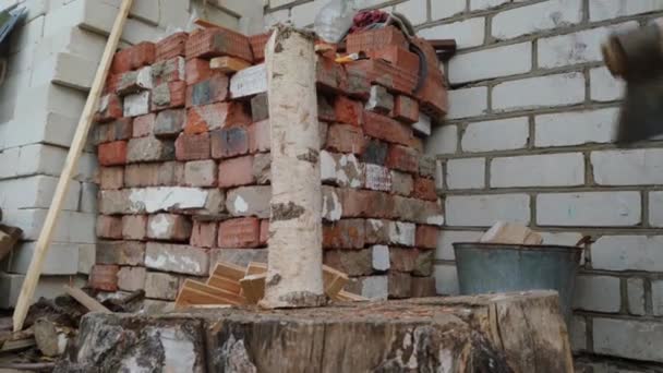 Someone's hands are sticking an axe into a big stump. — Stock Footage Someone Hands Sticking Axe Big Stump Royalty Free Stock Video