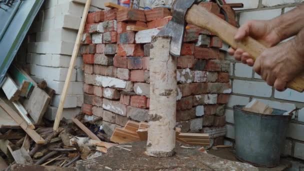 Someone's hands are sticking an axe into a big stump. — Stock Footage Someone Hands Sticking Axe Big Stump Royalty Free Stock Video