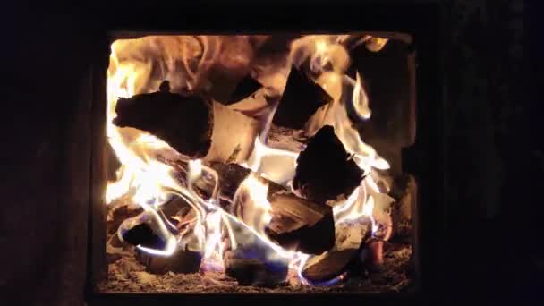 Drewniane Kłody Brzozowe Palą Się Kuchence Ciemnego Rosyjskiego Domu — Wideo stockowe