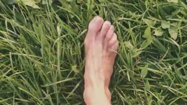 一个女孩赤脚走在绿草地上 她有一个轻步 照相机正在俯视她光着脚 — 图库视频影像