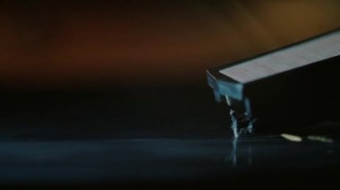 Oynatma kalemi vinil plaka üzerindedir. Albüm gramaphone'da çalıyor. Ekstra yakın çekim.