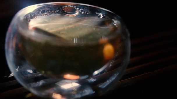 Glass Cup Tea Water Drops Different Lighting Part Tea Ceremony — Stock Video