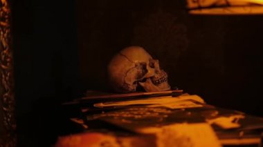 Siyahlı bir adam bir yığın el yazmasından insan kafatasını alıyor. Odanın içi karanlık, gizemli sarı mum ışığını görebiliyoruz. Sanatçılar, yazarlar, aktörler için yaratıcı bir sanat konsepti.