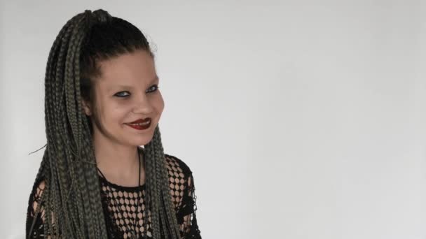 Weird Gothic Girl Long Grey Afro Braids Dark Make Smiling Stock
