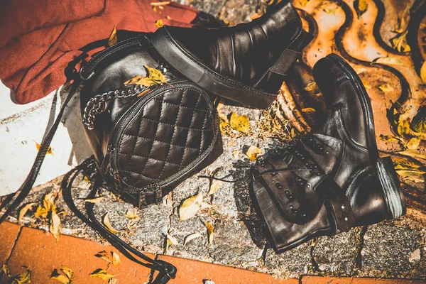 Baskets Cuir Noir Chaussures Sacs Main Pour Femmes — Photo