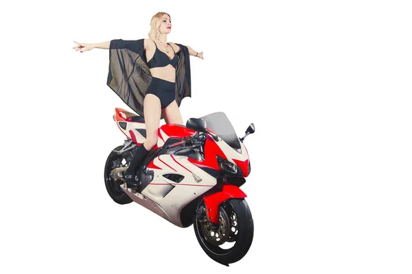 Sexy Mädchen Blondine Auf Kran Sportbike — Stockfoto