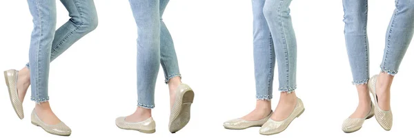 Bacaklar ve beyaz arka plan üzerinde kolajlar kadın bale ayakkabıları — Stok fotoğraf