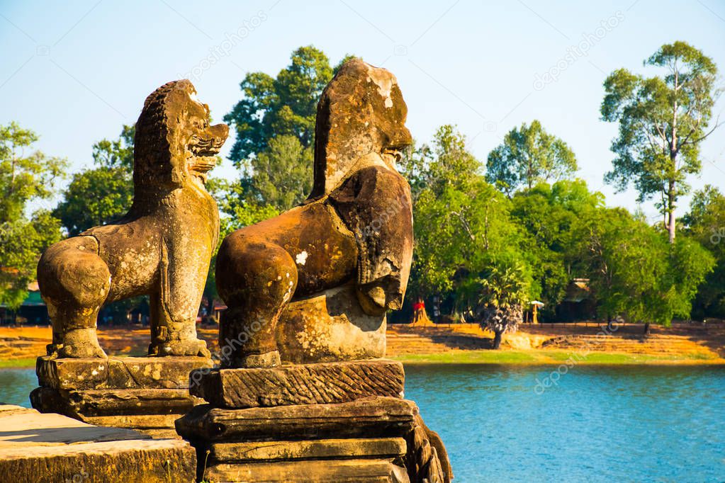 Srah Srang with Lion and Naga statues in Angkor, Cambodia