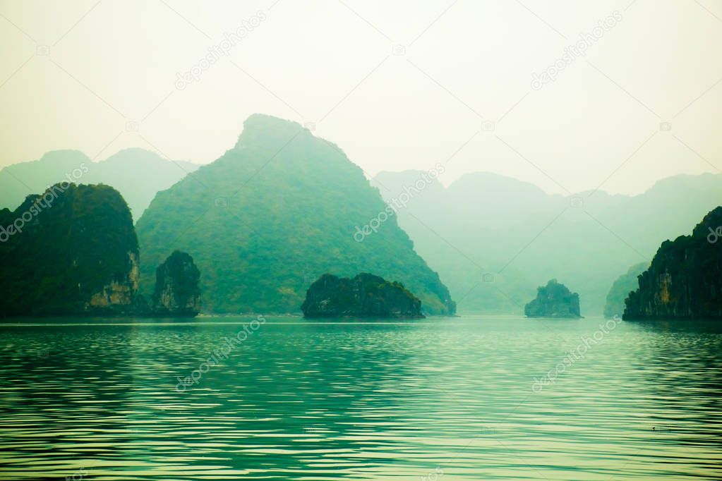 Limestone mountains at sea in Halong Bay, Vietnam